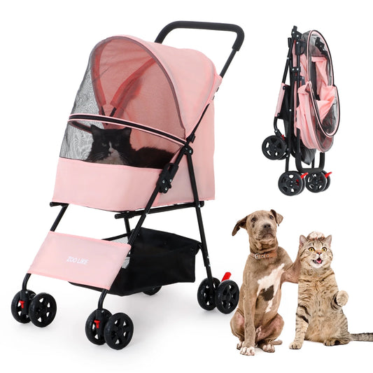 Pet Stroller for Cats and Dogs, 4-Wheeled Foldable Travel Carrier with Storage Basket, Pink