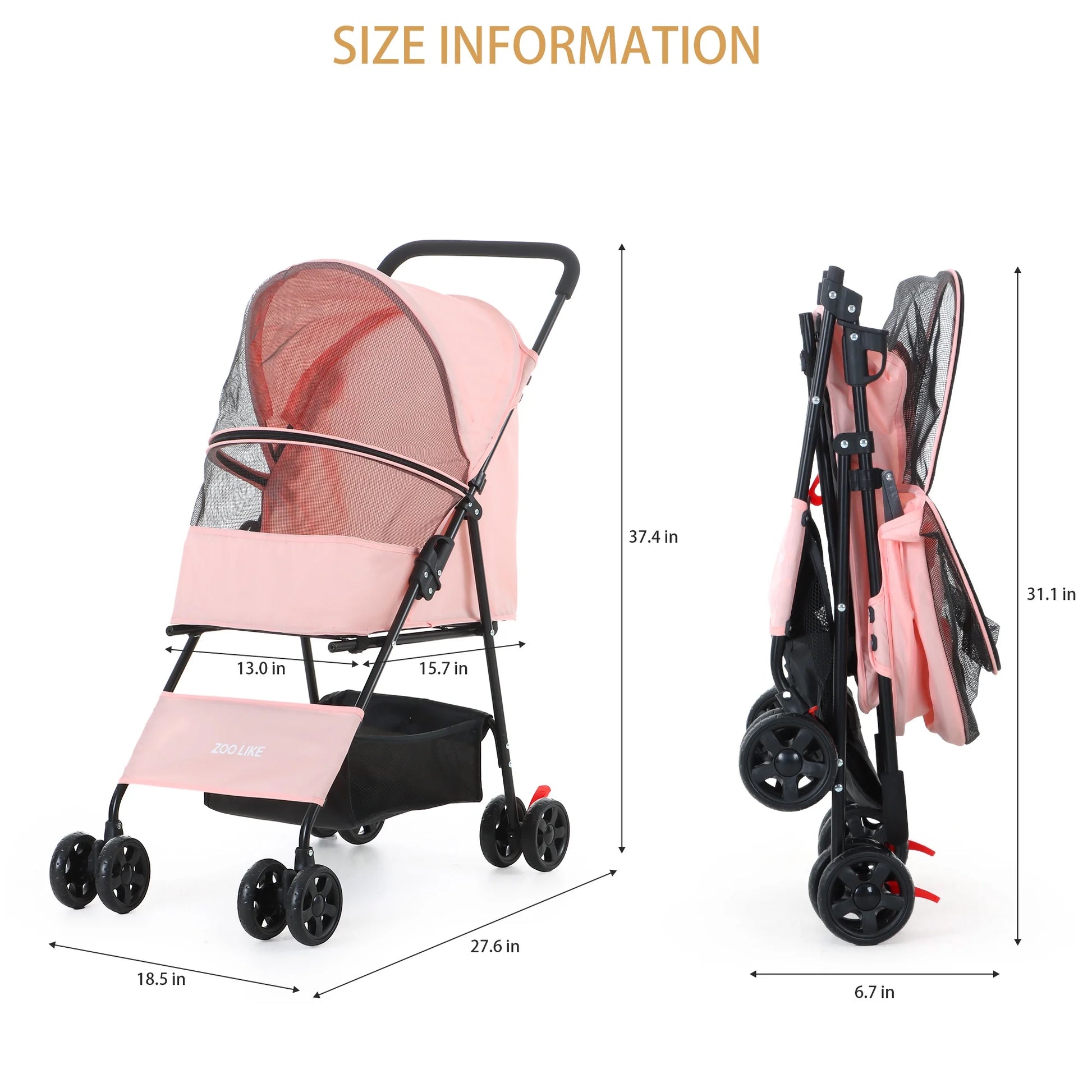 Pet Stroller for Cats and Dogs, 4-Wheeled Foldable Travel Carrier with Storage Basket, Pink