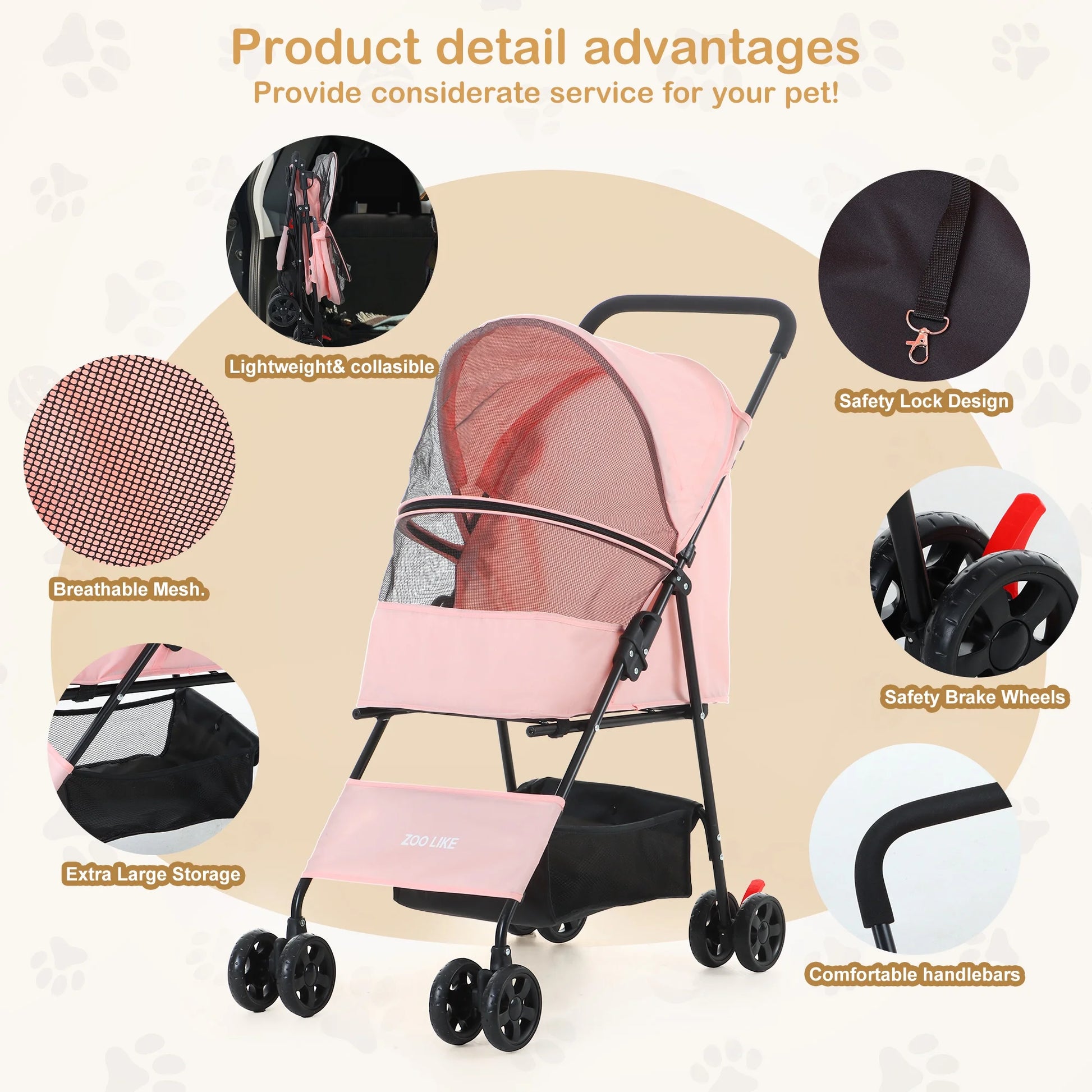 Pet Stroller for Cats and Dogs, 4-Wheeled Foldable Travel Carrier with Storage Basket, Pink