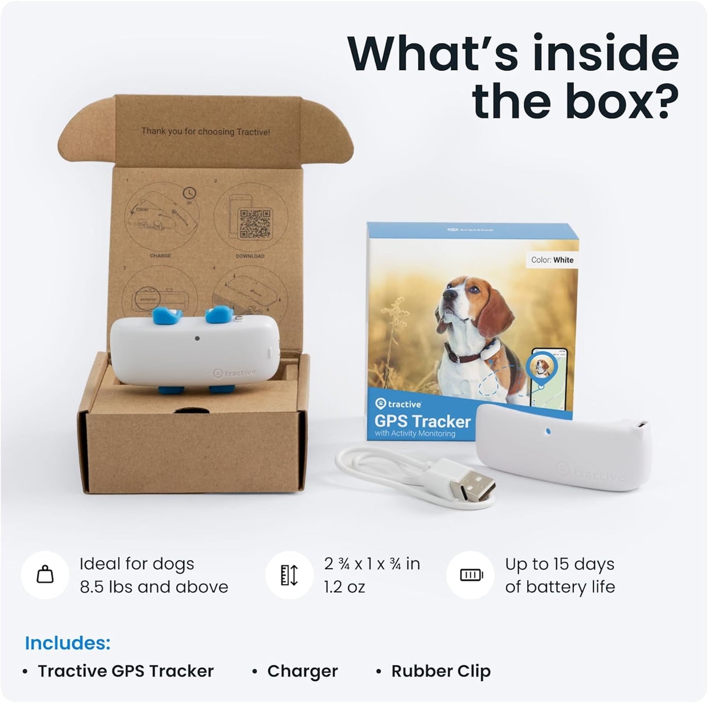 Dog GPS Tracker with Activity Monitoring, Fits Any Collar (White)