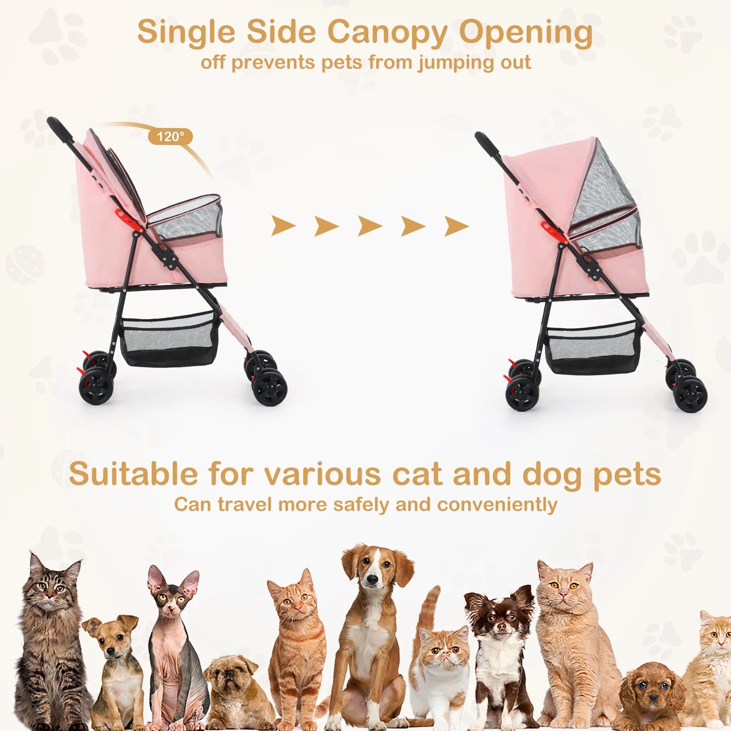 Pet Stroller for Cats and Dogs, 4-Wheeled Foldable Travel Carrier with Storage Basket, Pink