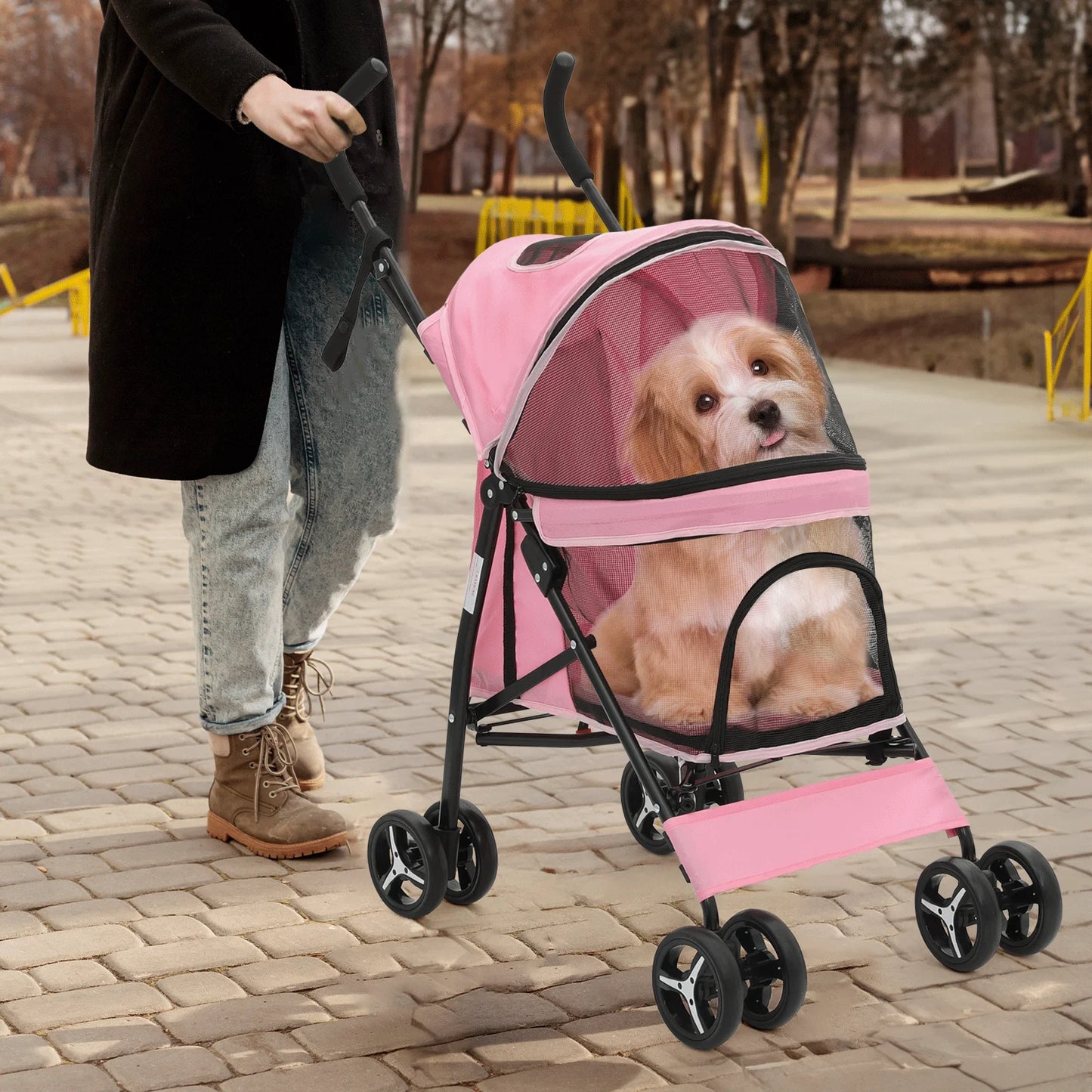 4 Wheel Foldable Lightweight Dog Stroller for Small Medium Dogs, Pet Stroller, (Pink)