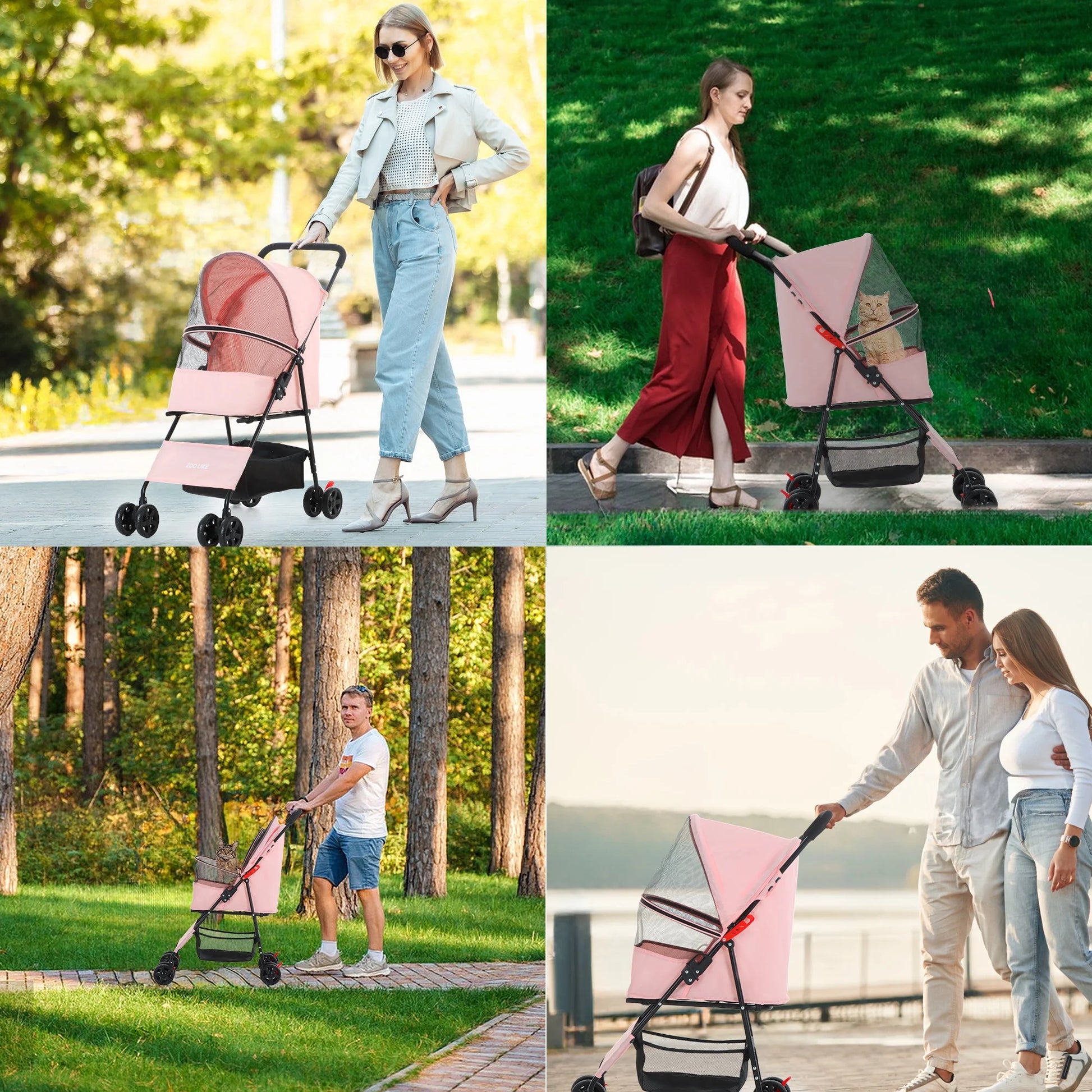 Pet Stroller for Cats and Dogs, 4-Wheeled Foldable Travel Carrier with Storage Basket, Pink
