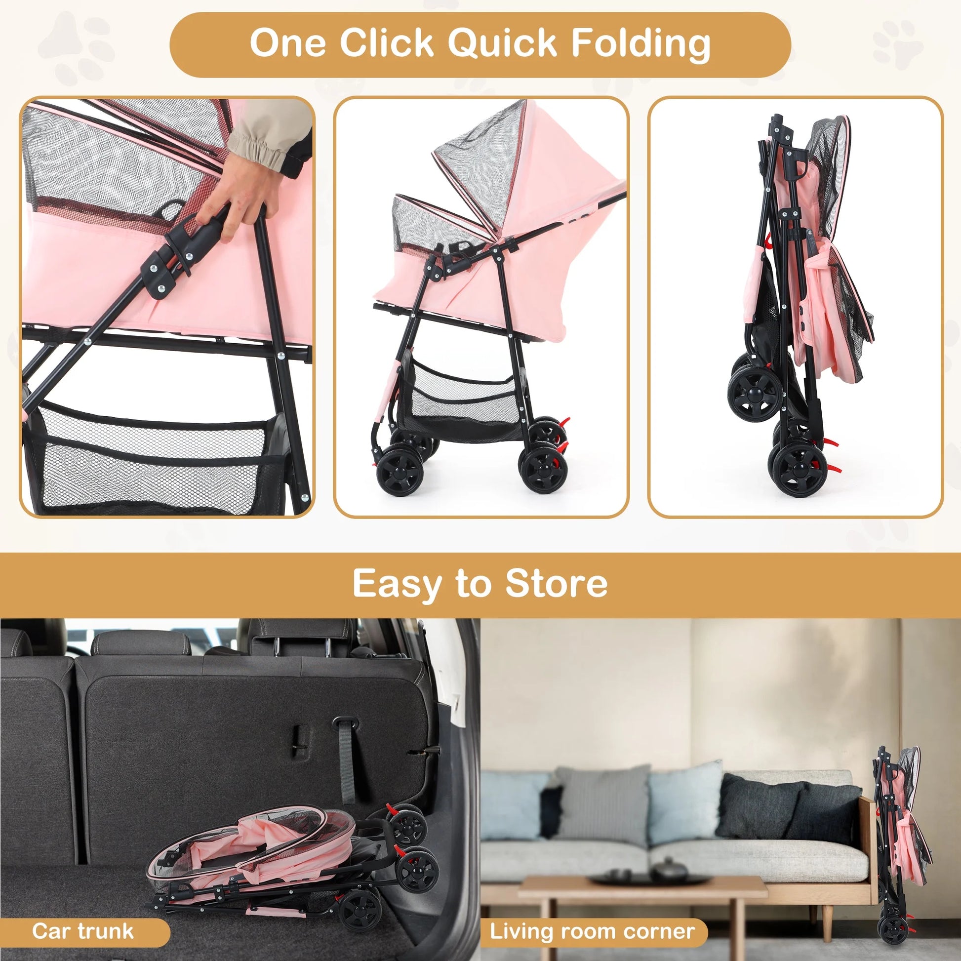 Pet Stroller for Cats and Dogs, 4-Wheeled Foldable Travel Carrier with Storage Basket, Pink