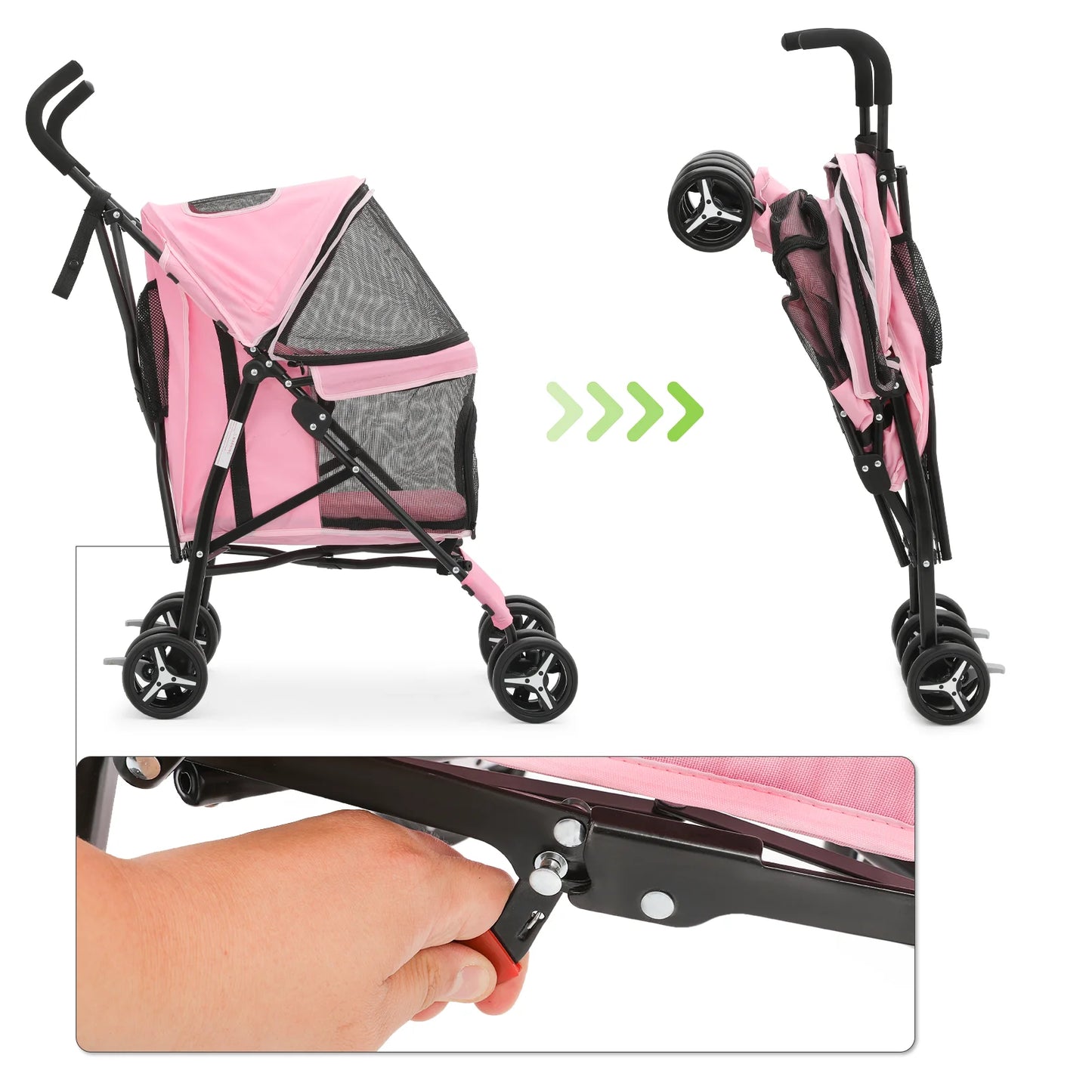 4 Wheel Foldable Lightweight Dog Stroller for Small Medium Dogs, Pet Stroller, (Pink)