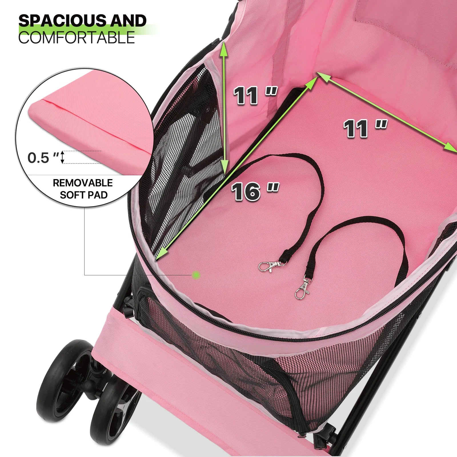 4 Wheel Foldable Lightweight Dog Stroller for Small Medium Dogs, Pet Stroller, (Pink)