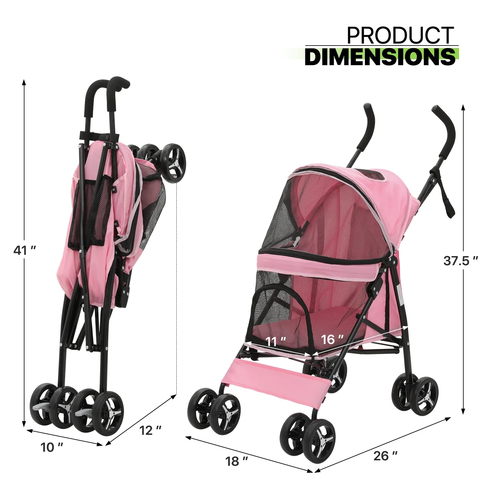 4 Wheel Foldable Lightweight Dog Stroller for Small Medium Dogs, Pet Stroller, (Pink)