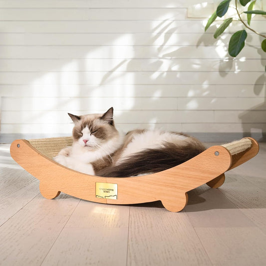 Sisal Cat Scratcher Bed Hammock Lounger, Natural Wooden Furniture (Large or Standard Edition)