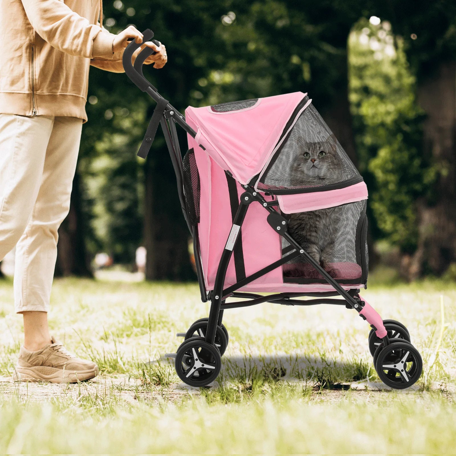 4 Wheel Foldable Lightweight Dog Stroller for Small Medium Dogs, Pet Stroller, (Pink)